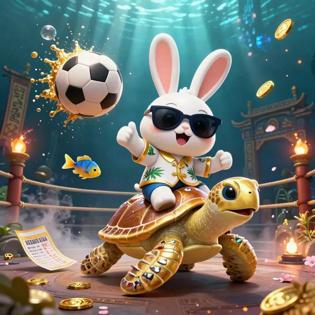 Rabbit mascot rides a golden sea turtle underwater with balls, coins, and glowing casino magic.