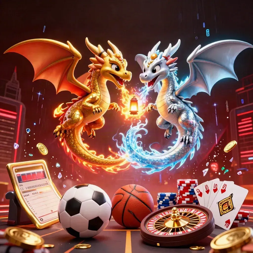 Gold and silver dragons swirl around casino items, coins, cards, chips, and sports balls.