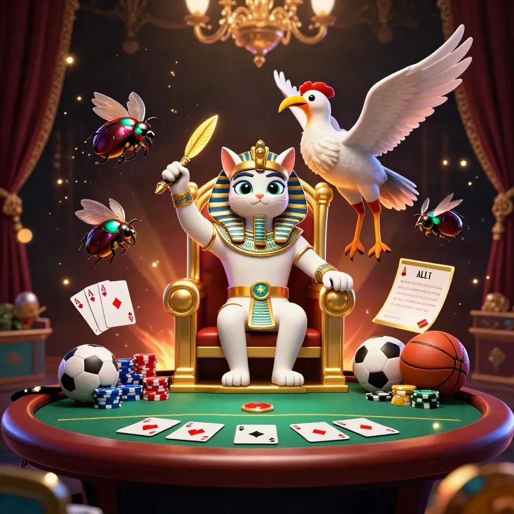Pharaoh cat on golden throne with ibis scribe, scarabs, chips, aces, ball and glowing odds in dark gold light
