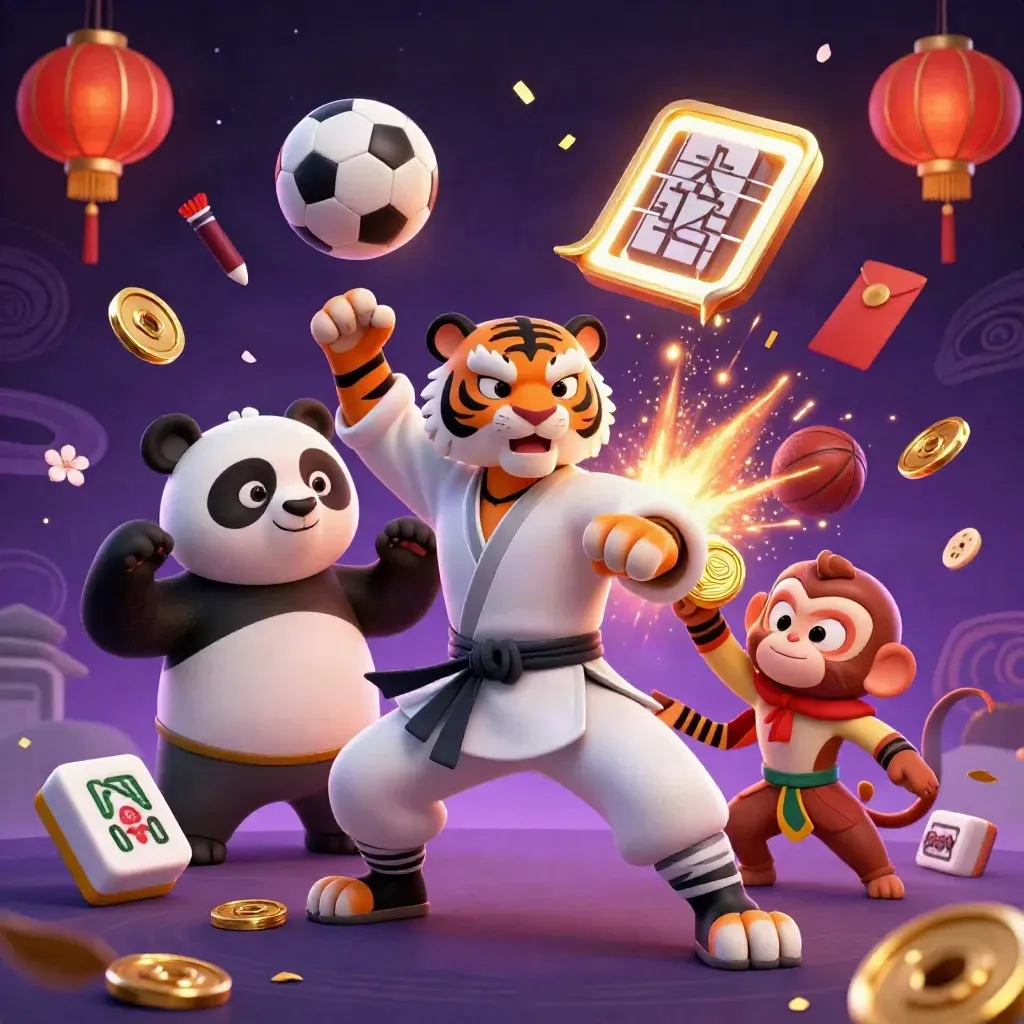 Kung-fu tiger, panda and monkey amid casino props, petals, coins and a soccer ball in neon light.