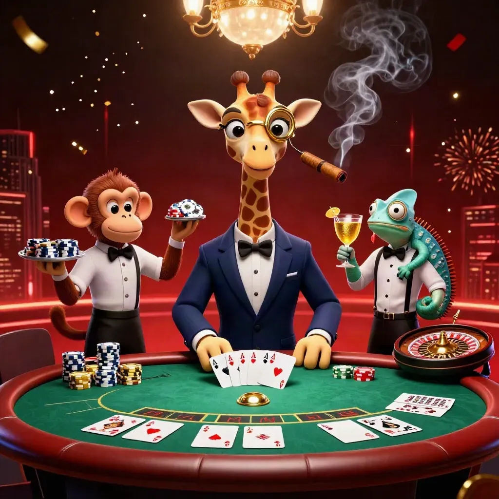 Giraffe, monkey, and chameleon at a luxe casino table amid chips, cards, sparks, and gold light.