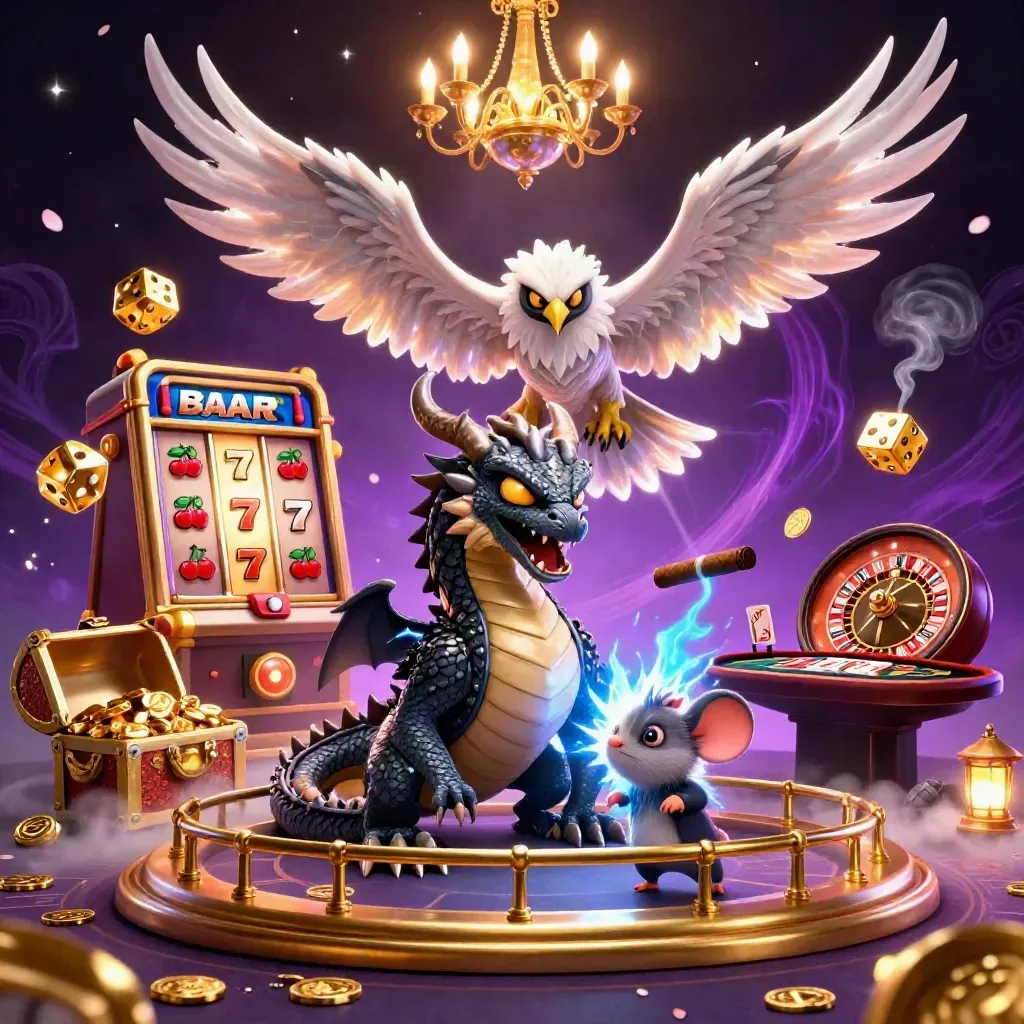 Thunder dragon, wind hawk, and static mouse amid casino gold, slots, dice, and mystical light