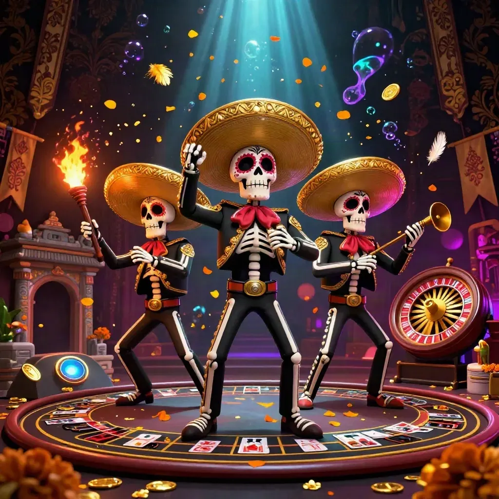 Skeleton mariachi trio amid casino lights, coins, and neon glow