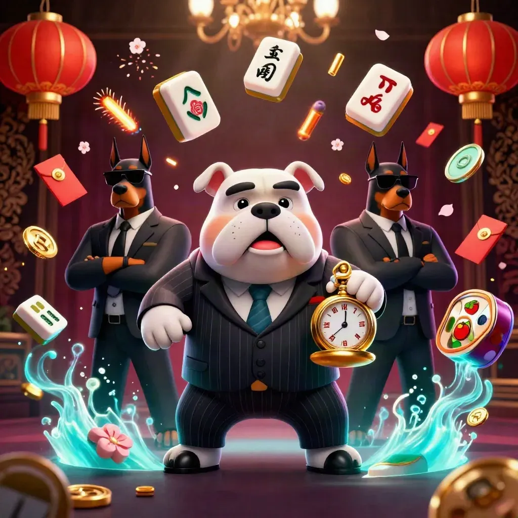Mobster bulldog and two Dobermans amid lanterns, mahjong tiles, coins, fireworks and neon casino glow.