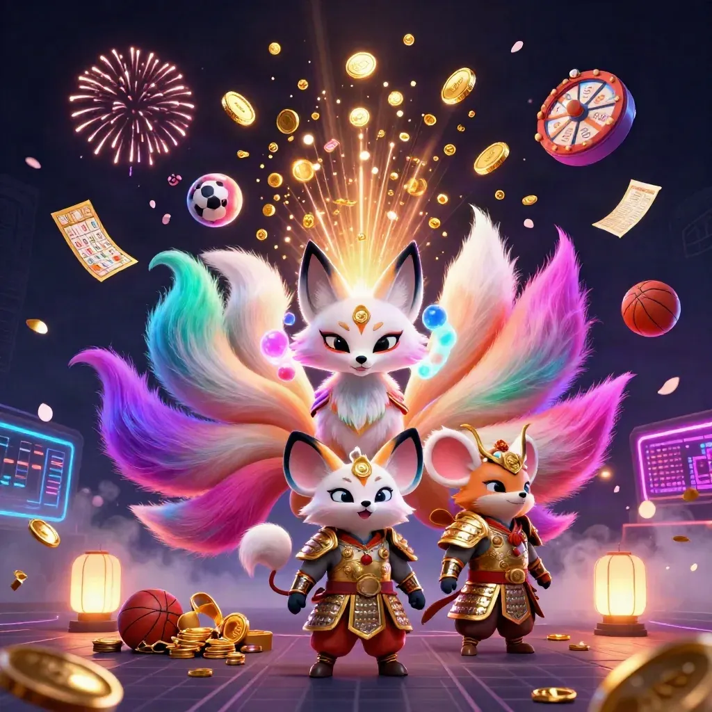 Fox spirit and samurai mouse amid coins, fireworks, lottery balls, and casino props
