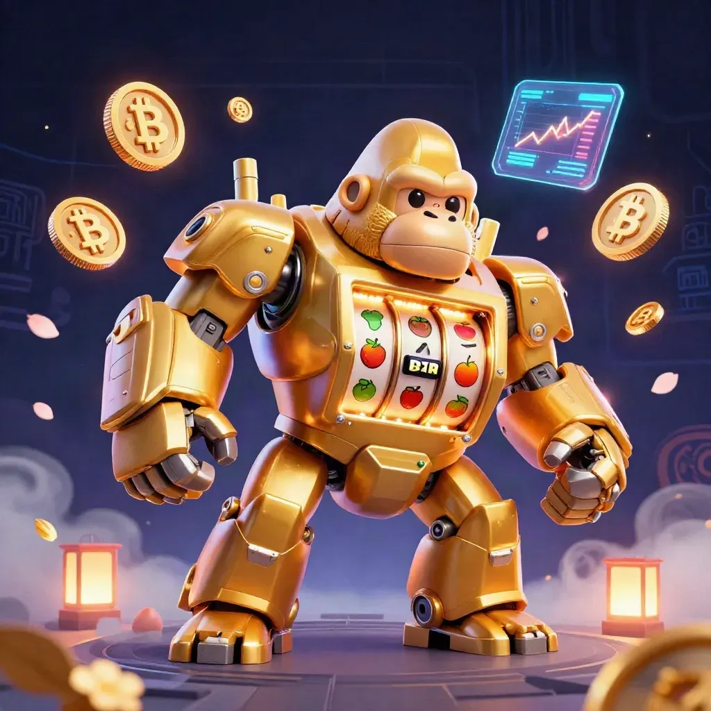 Golden gorilla mech with tiny pilot amid neon coins, lightning, and casino effects.