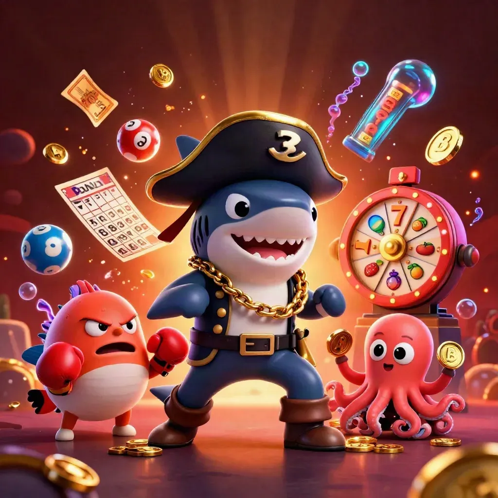 Pirate shark, boxing pufferfish, and juggling octopus amid casino icons on a fiery dark glow